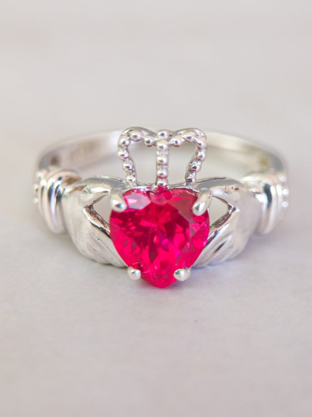 Lorenzo Sterling Silver Claddagh Ring with Synthetic Ruby Heart – Size 7